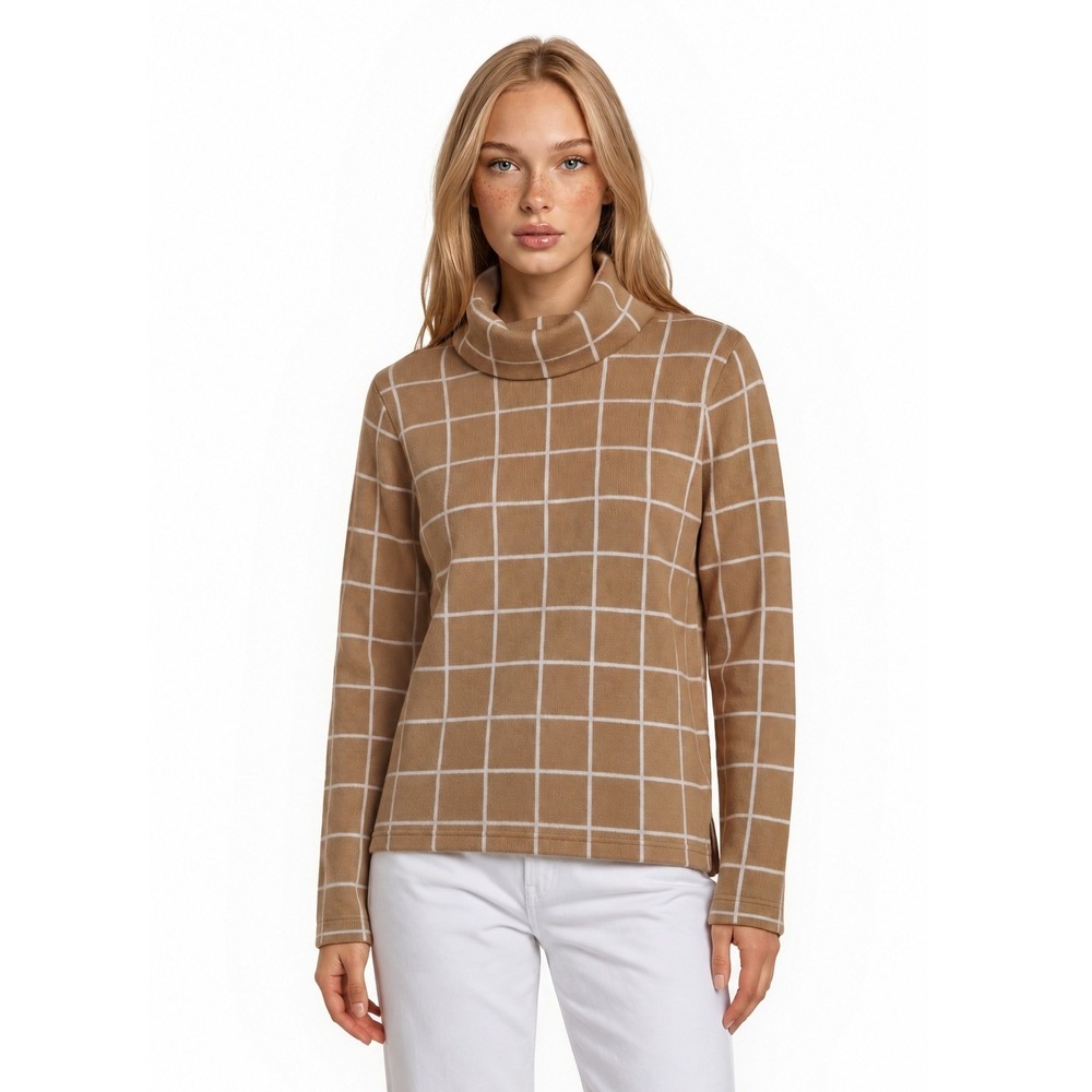 J.Crew Cowl Turtleneck Sweater Women's Size Medium Brown White Windowpane Plaid